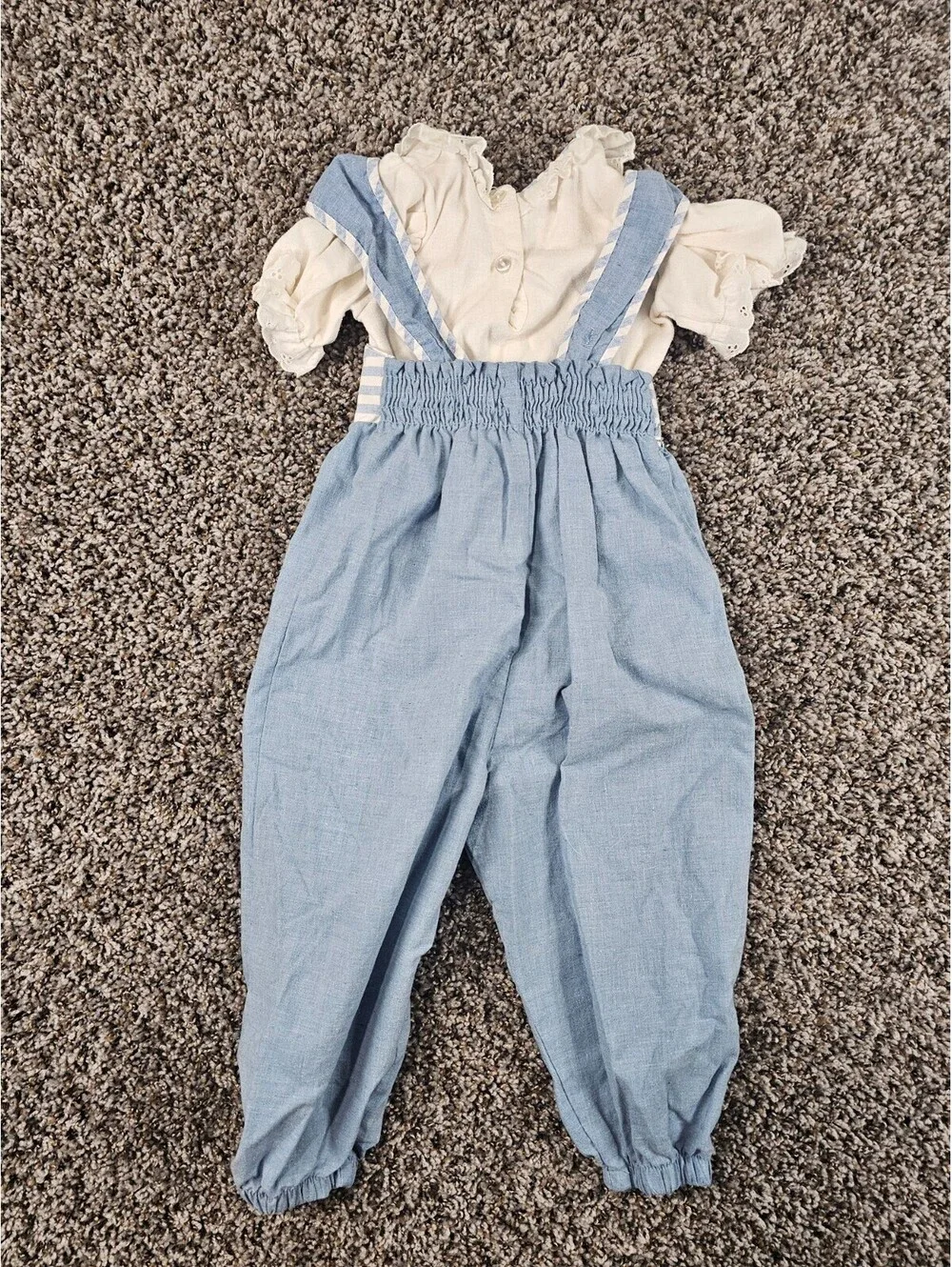 Vintage 1960s EVY Toddler Girls Sz 2T One Piece Outfit Light Blue White Jumpsuit